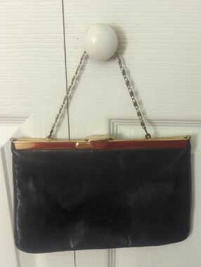 Vintage Navy 40-60s Leather Frame-Top Evening Bag with Chain